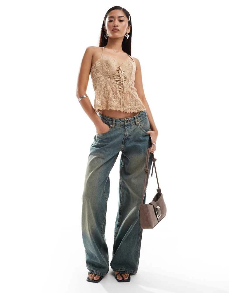 Motel Motel roomy wide leg low rise jeans in brown blue acid wash 4