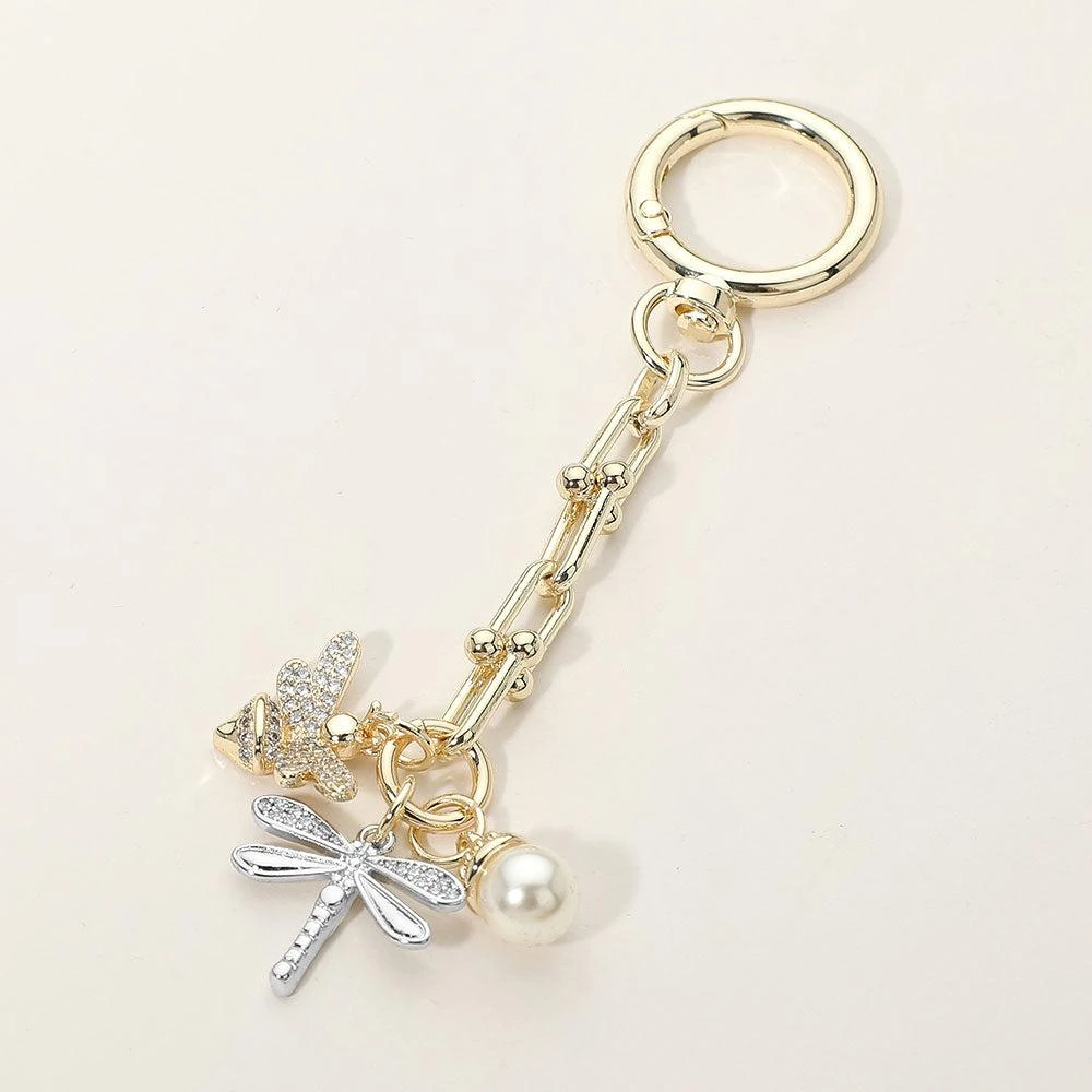 FASHNZFAB 14K Gold Plated CZ Pave Dragonfly Honey Bee Pearl Charm Drop Keychain Bag Charm
