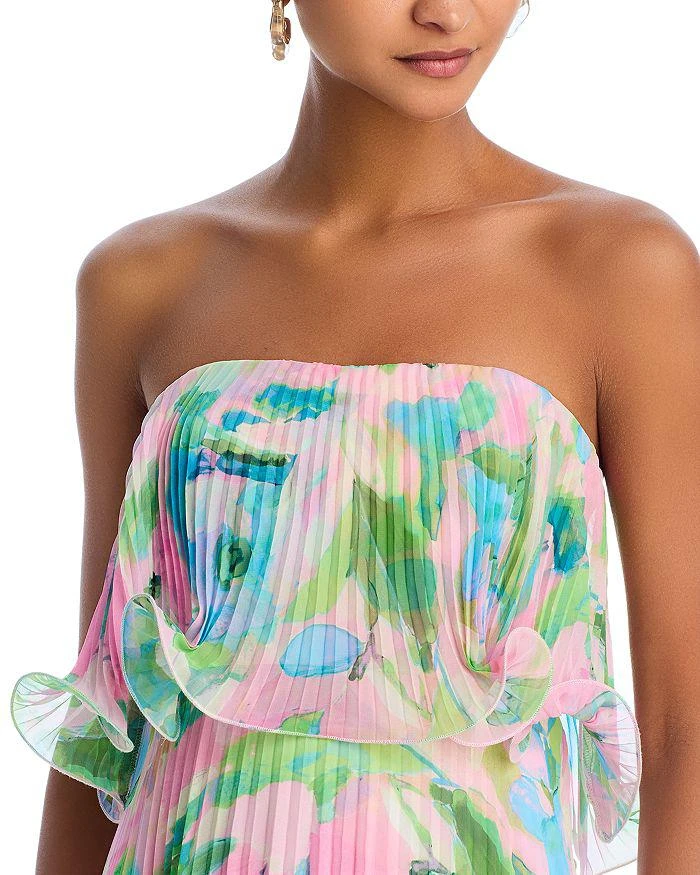 aqua printed pleated strapless dress Multi Colored Strapless Pleated Floral Jacquard Wrap Gown