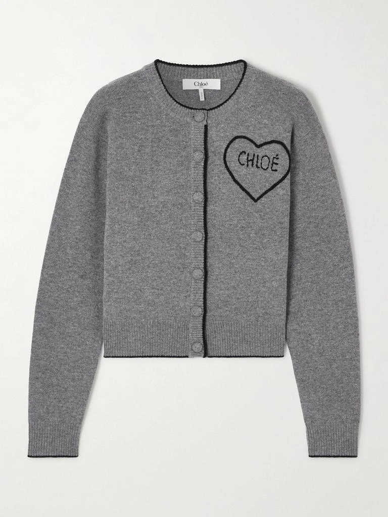 Chloé Embroidered Wool And Cashmere-blend Cardigan - Light gray