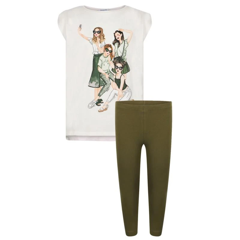Mayoral Girls selfie print set of leggings and top in white and khaki green 1