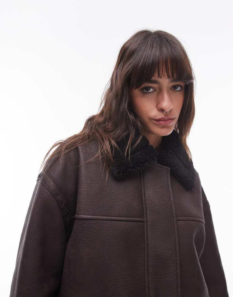Topshop Topshop faux leather borg shearling midi aviator jacket in brown 2