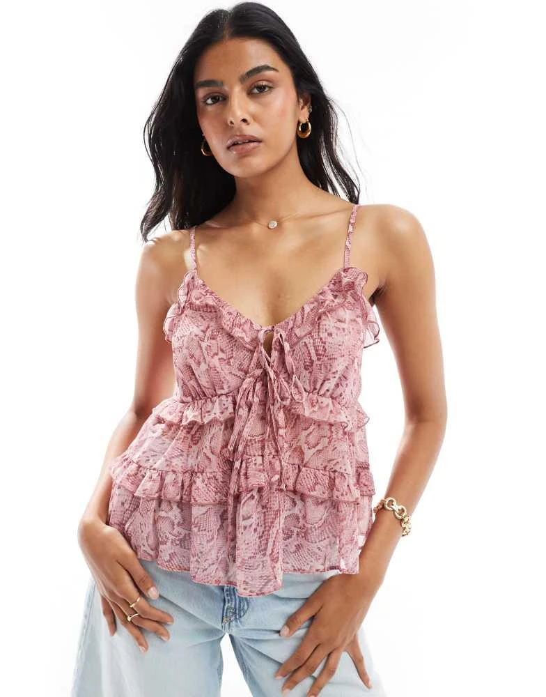 Miss Selfridge Miss Selfridge chiffon micro ruffle cami top in snake print 1