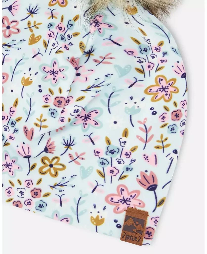 Deux par Deux Girl Stretch Jersey Hat Blue Mini Flower Print with Pompom - Toddler|Child 5