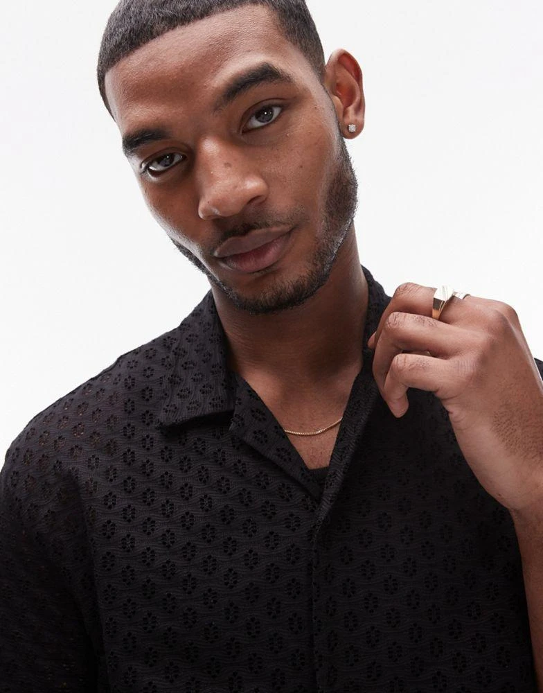 Topman Topman oversized fit button through jersey crochet polo in black 2