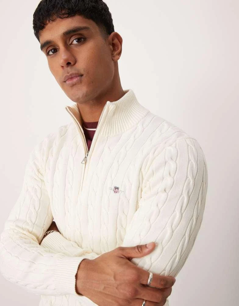 Gant GANT cotton cable knit half zip jumper with logo in cream 1