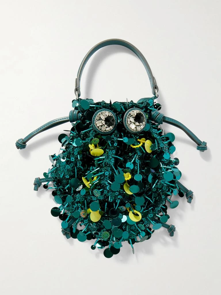 Anya Hindmarch Beetle Embellished Leather-trimmed Clutch - Teal