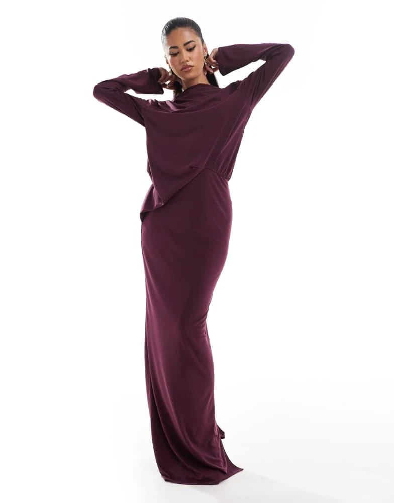 navy blue dress for baby girl ASOS EDITION off-shoulder asymmetric ruffle detail maxi dress in burgundy