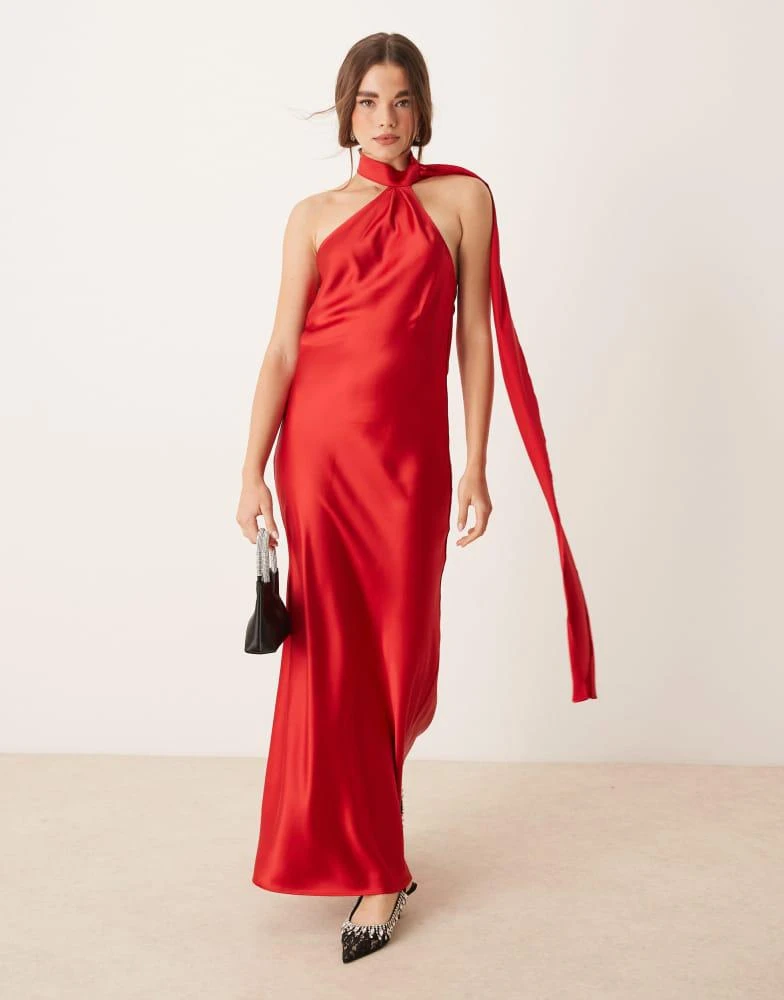 GINA TRICOT Gina Tricot satin drape detail one shoulder scarf neck maxi dress in red 3