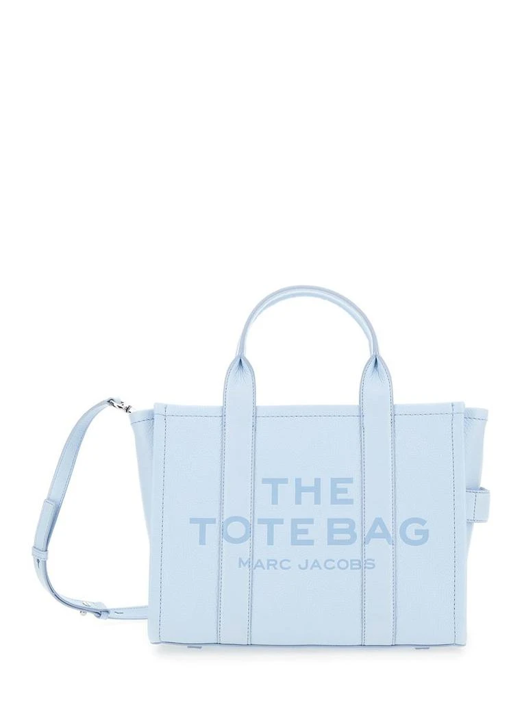 Marc Jacobs 'The Medium Tote Bag' Light Blue Handbag With Logo On The Frontin Hammered Leather Woman 1