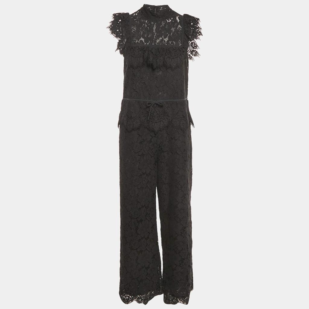 Ganni Ganni Black Corded Lace Ruffled Jumpsuit S