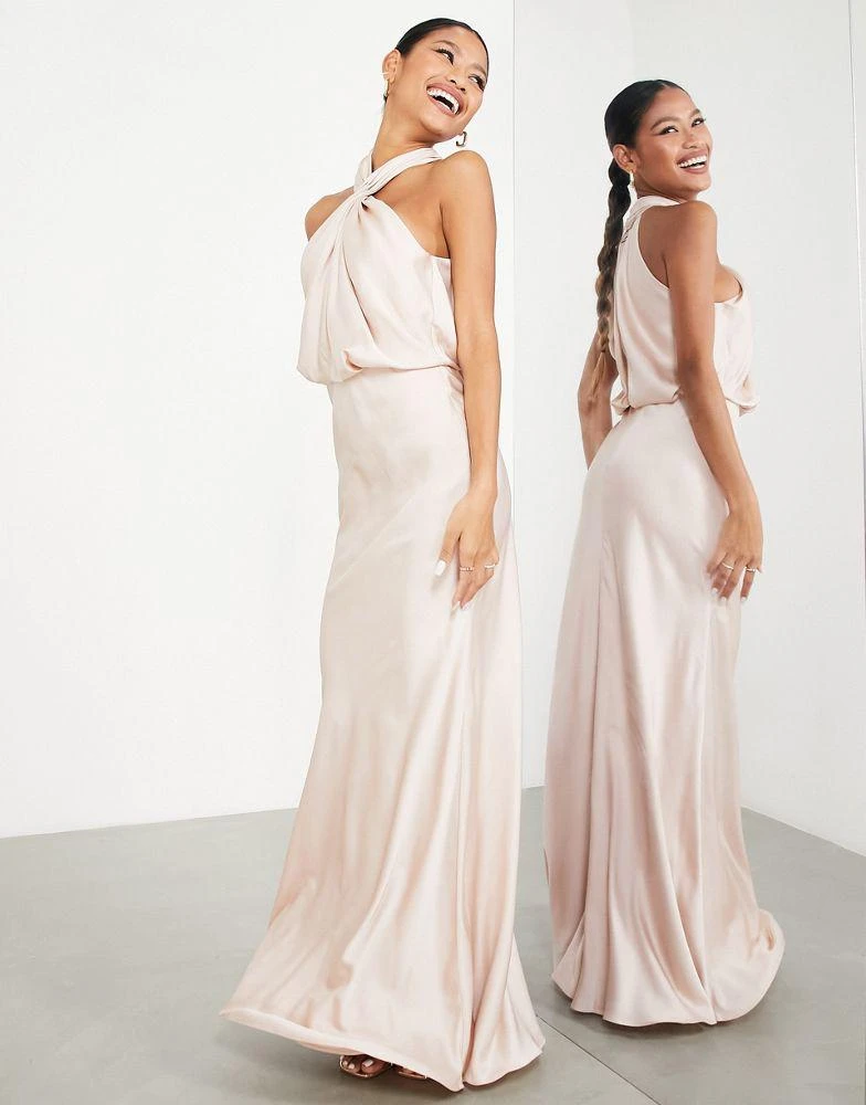 ASOS ASOS DESIGN Bridesmaid satin ruched halter neck maxi dress in blush 2