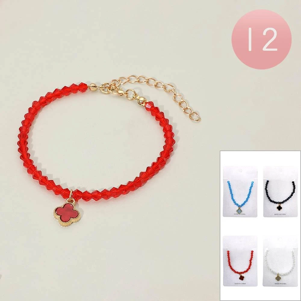 FASHNZFAB 12PCS - Quatrefoil Charm Faceted Beaded Bracelets