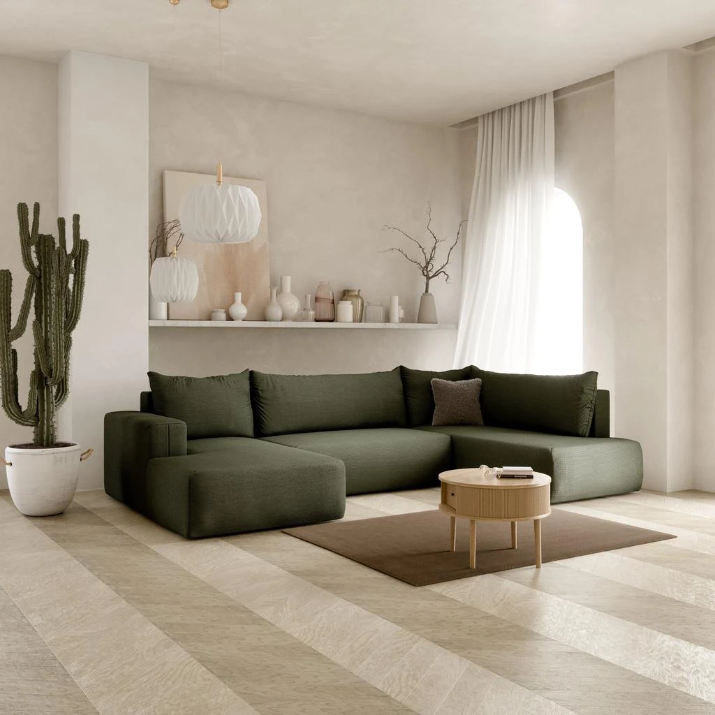 预计3周后发货 Nazar Home Canapé D'Angle Convertible 6 Places - Angle Gauche - Nala - Tissu Vert Foncé 2