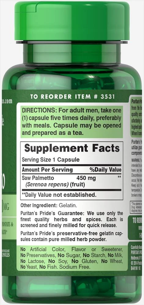 Puritan's Pride Saw Palmetto 450 mg 100 Capsules 3