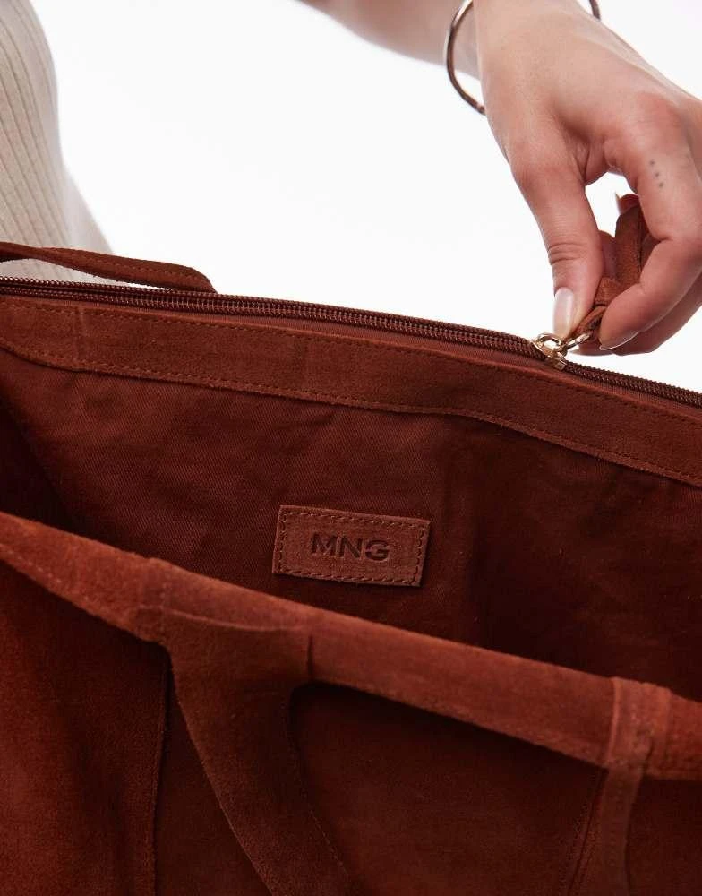 Mango Mango tie detail zip through suede tote bag in burnt orange 2