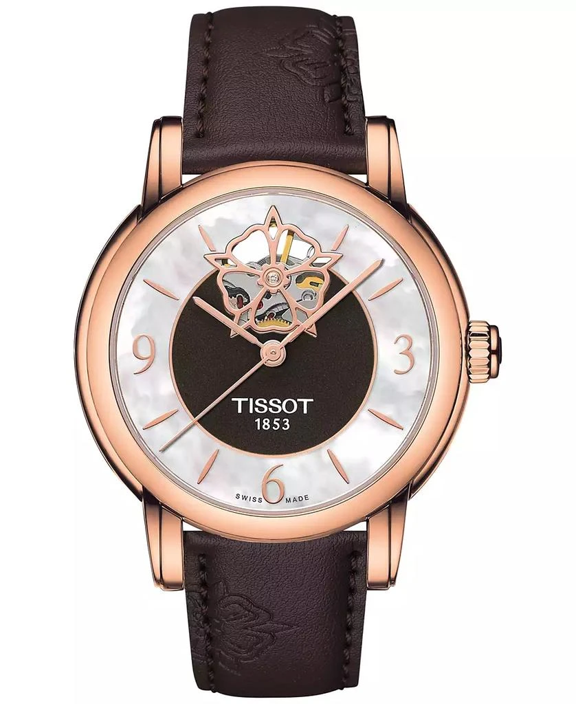 Tissot Swiss Automatic Lady Heart Powermatic 80 Diamond Accents Brown Leather Strap Watch 35mm 1
