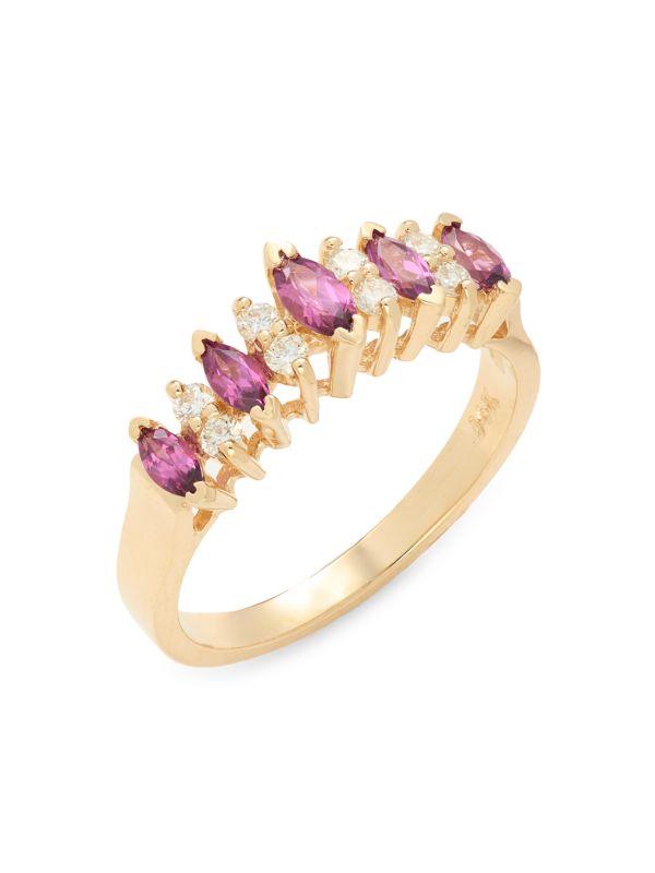 Effy 14K Yellow Gold, 0.19 TCW Diamond & Rhodolite Cluster Ring