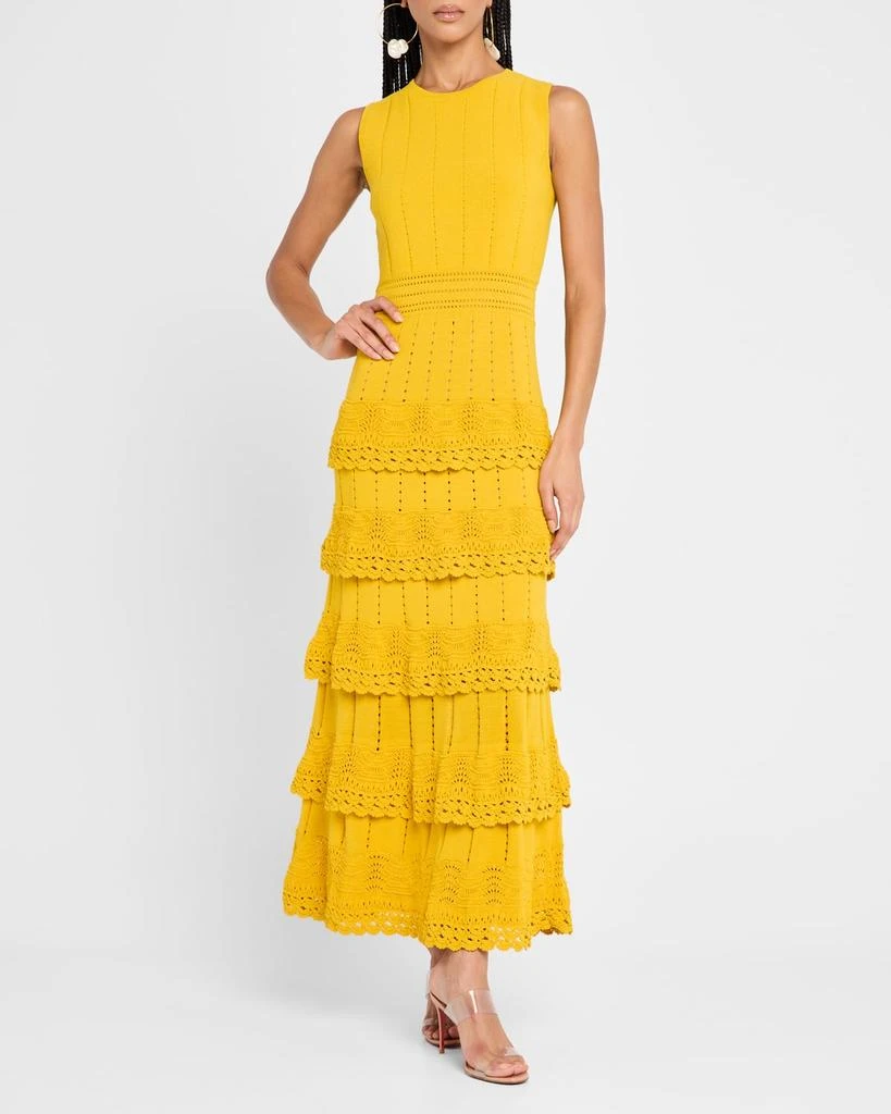 Shop Crochet Ruffle Pointelle Knit Sleeveless Midi Dress on Sale