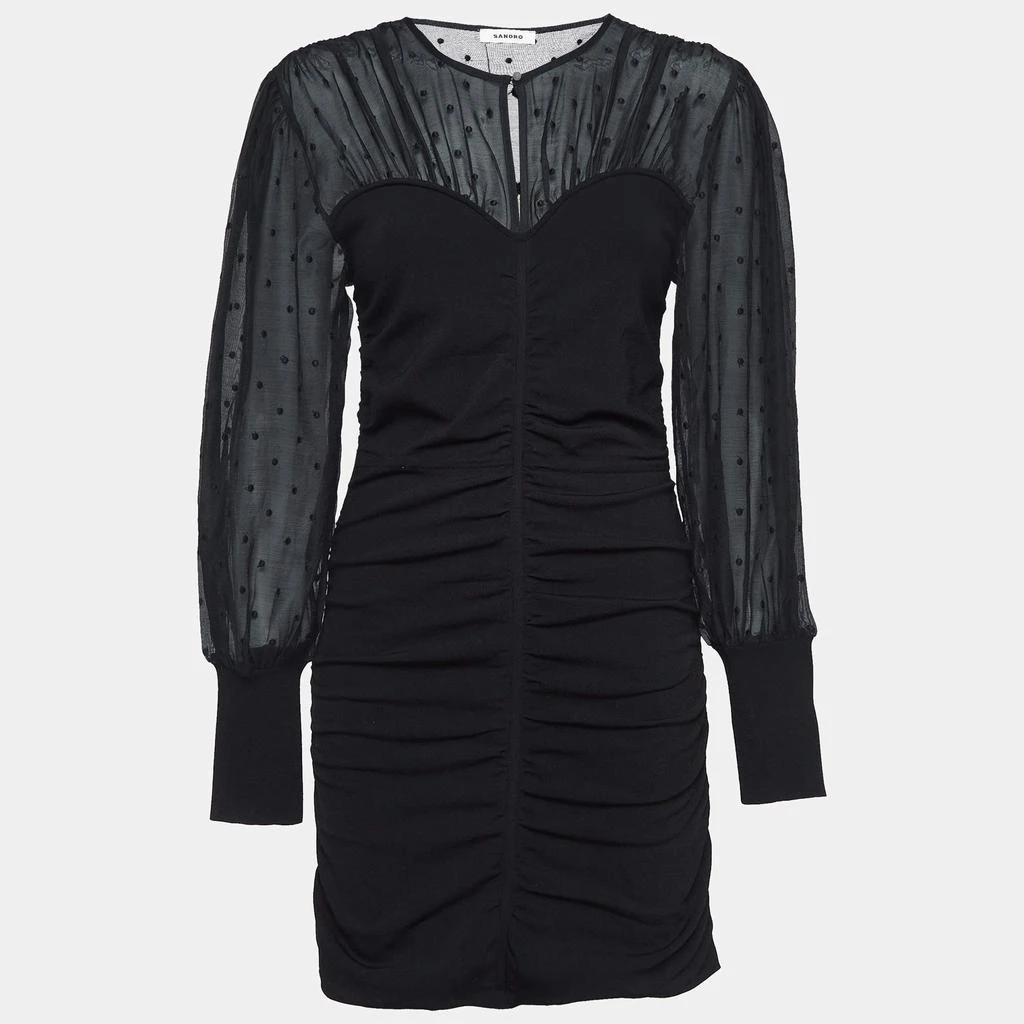 Sandro Sandro Black Organza and Rib Knit Ruched Bustier Effect Mini Dress M 1