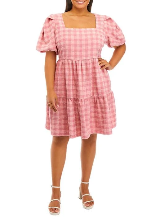 English Factory Factory Plus Size Puff Sleeve Checkered Print Babydoll Dress 1