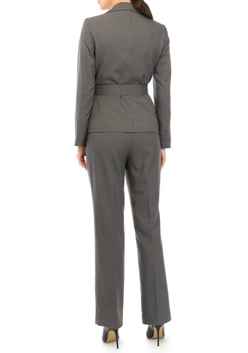 Le Suit Suit Womens Tonal Stripe Belted Jacket And Pants Set