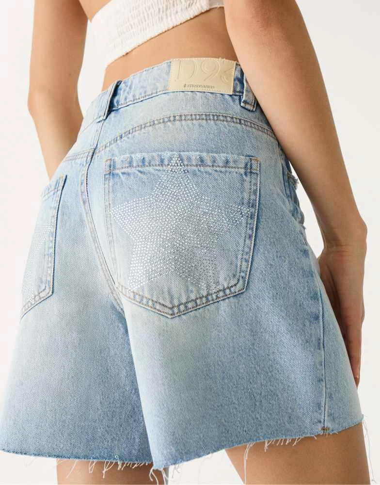 Stradivarius Stradivarius D93 longline denim shorts with stars in light blue 2