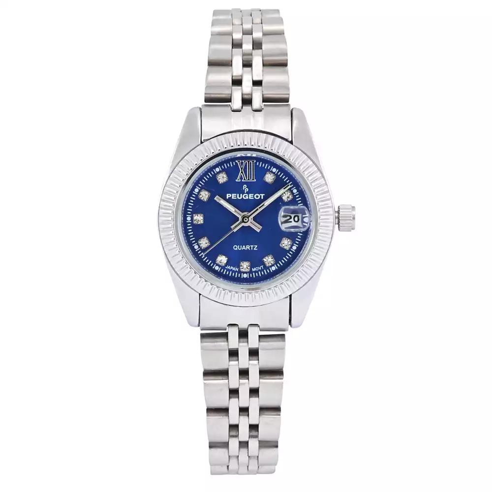Peugeot Women's Silver-Tone 25mm Fluted Bezel Steel Bracelet Watch with Blue Dial