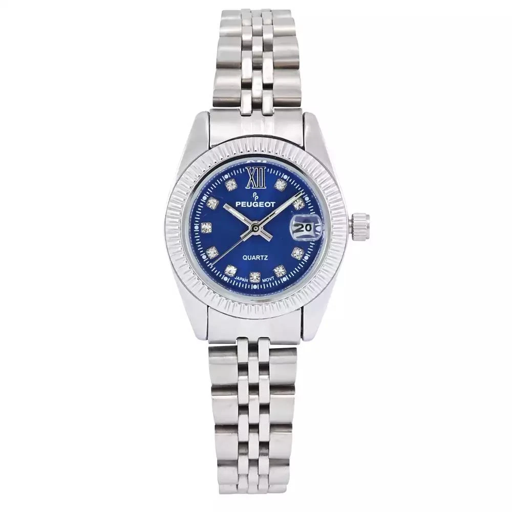 Peugeot Women's Silver-Tone 25mm Fluted Bezel Steel Bracelet Watch with Blue Dial 1