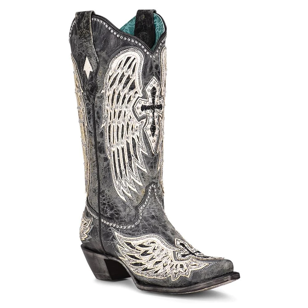Corral Boots Ld Cross & Wings Overlay & Studs Snip Toe Cowboy Boots 2