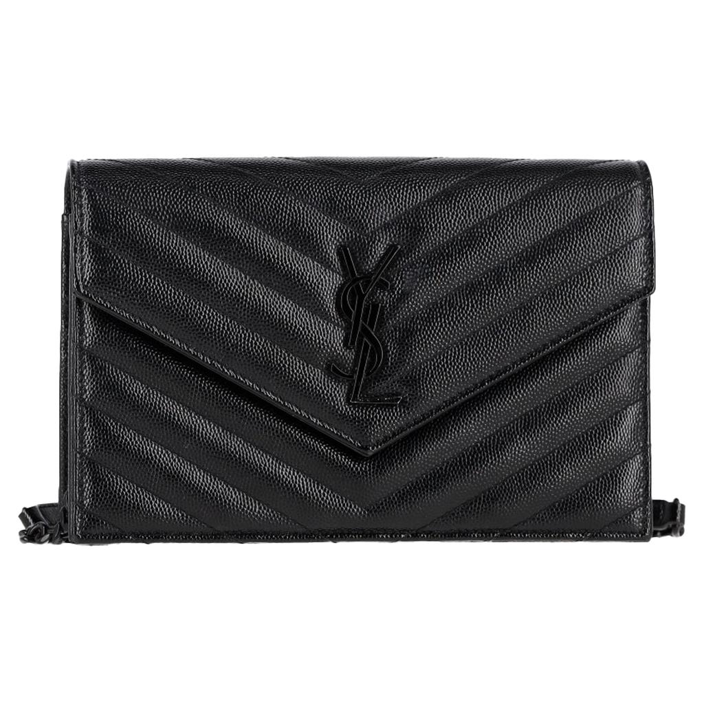 Yves Saint Laurent Small Cassandre Envelope Chain Wallet in Black Grain Calf Leather