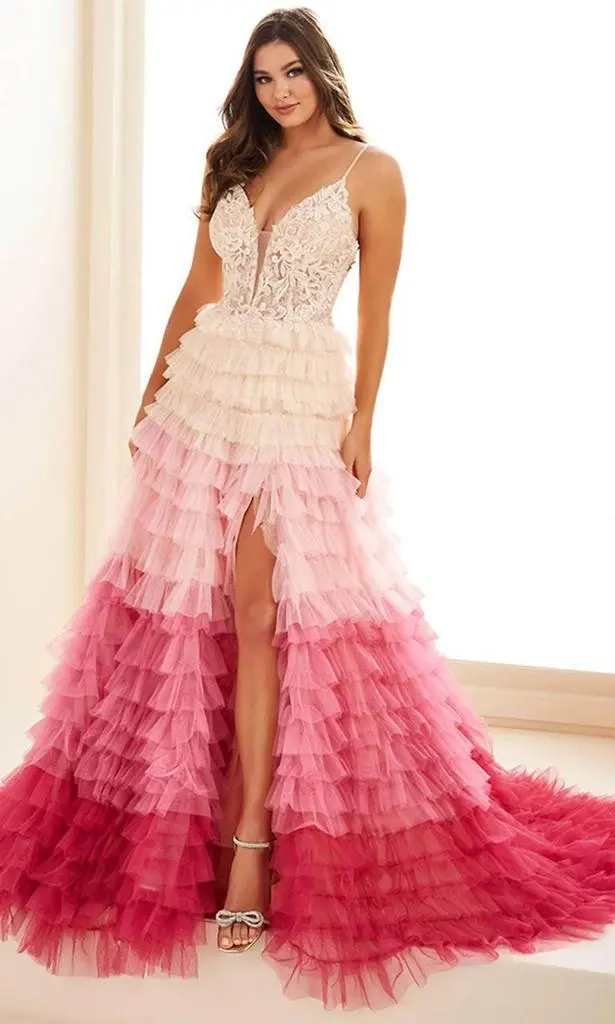 Ellie Wilde Ellie Wilde - Beaded Plunging V-neck Prom Gown