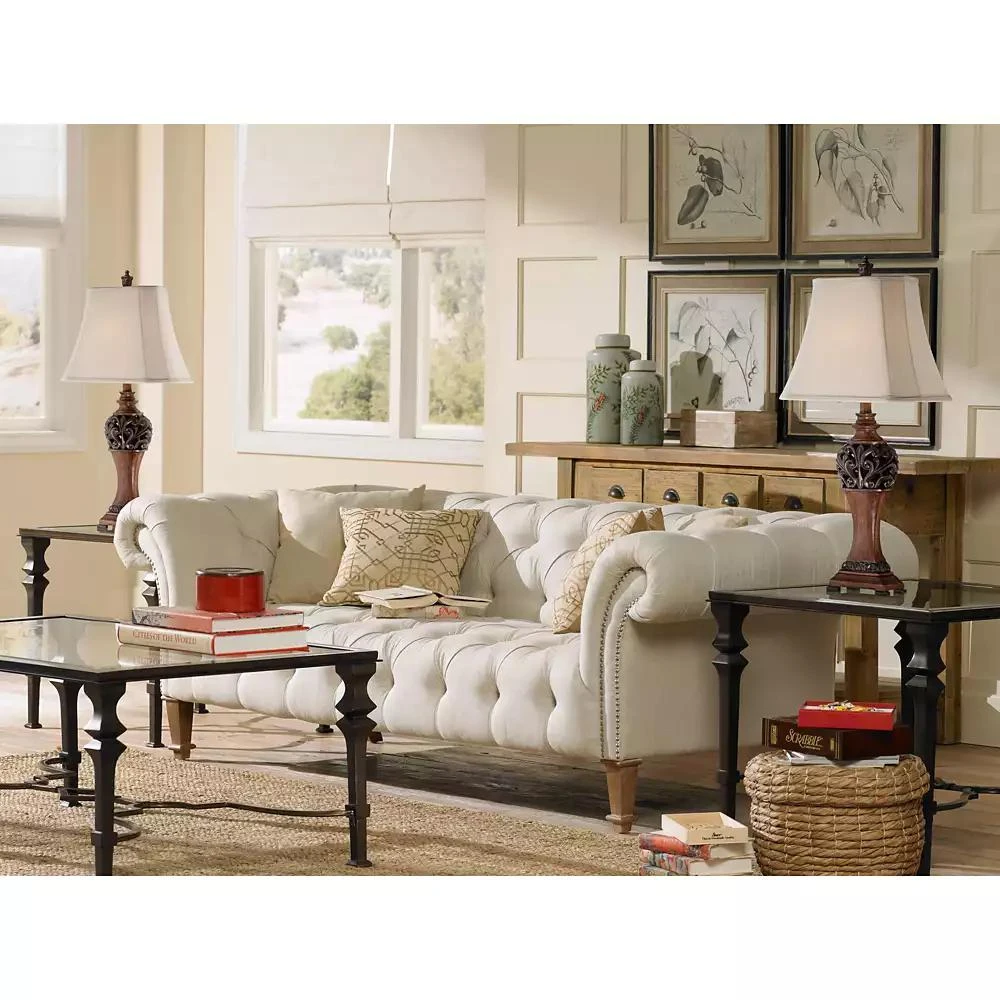 Regency Hill Exeter Traditional Table Lamps 30" Tall Set of 2 Bronze Wood Carved Leaf Cream Rectangular Bell Shade for Bedroom Living Room Bedside 4