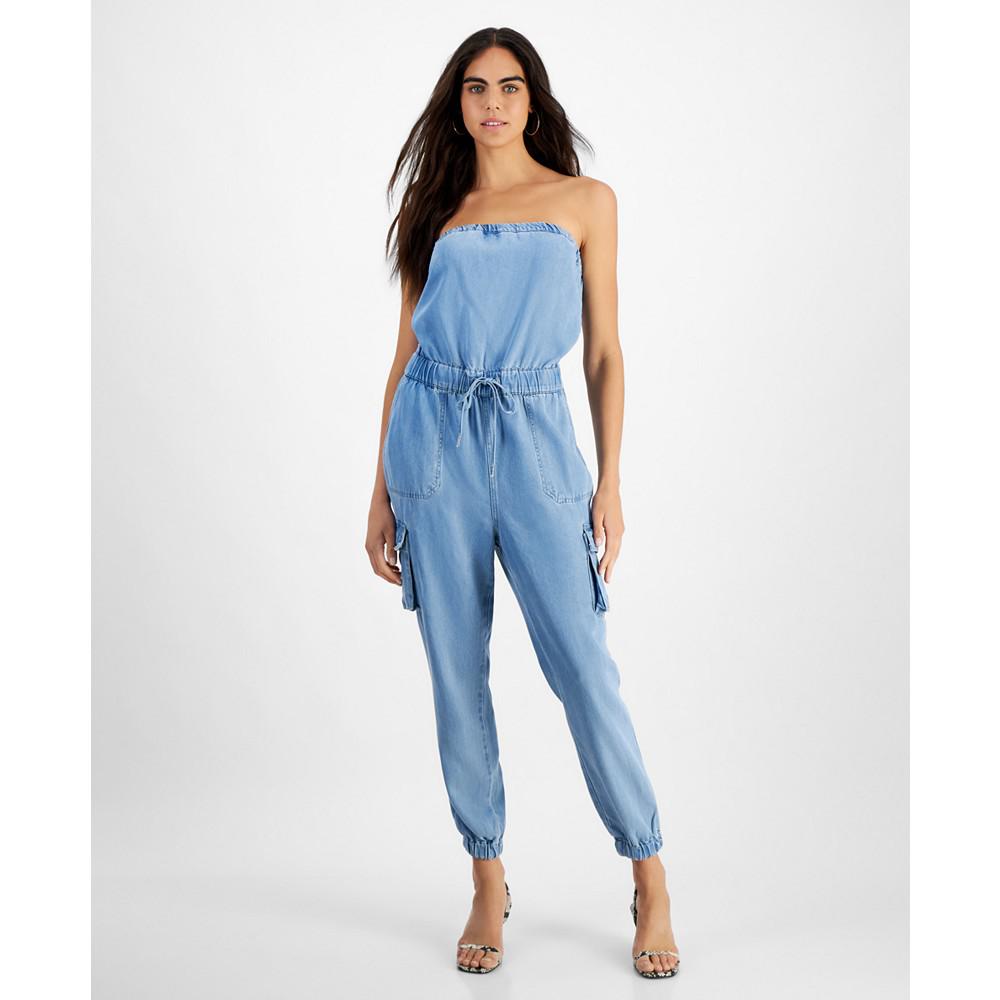 GUESS Women's Lucia Strapless Cargo Denim Jumpsuit