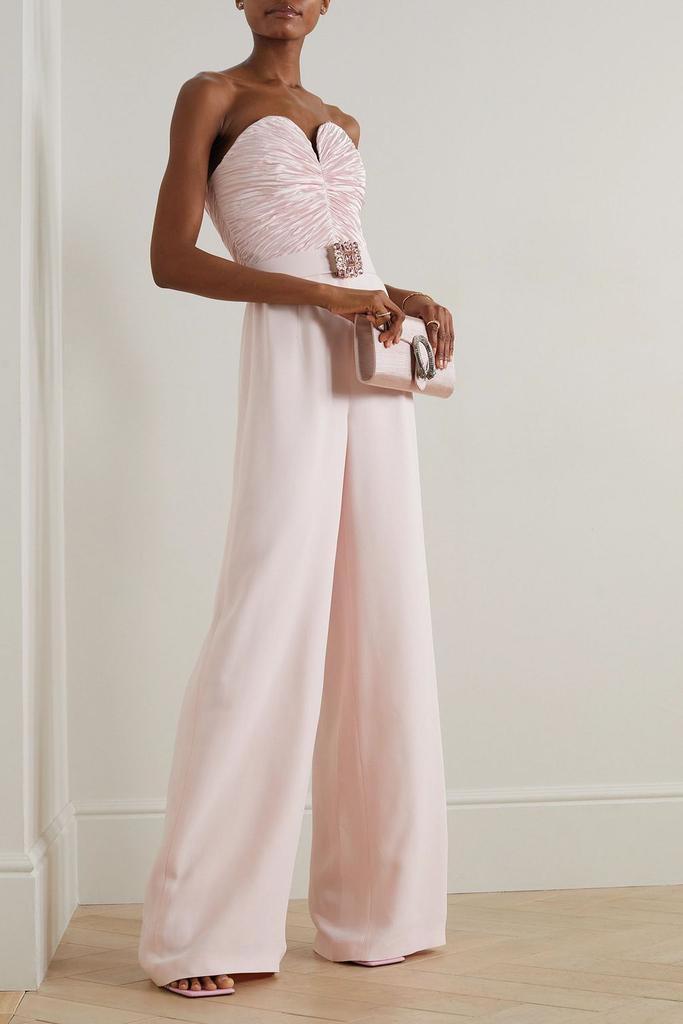 Andrew Gn Strapless embellished plissé silk-blend satin and crepe jumpsuit