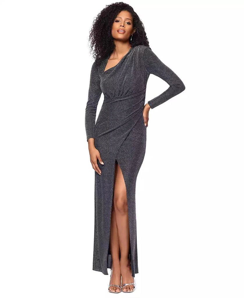 Betsy & Adam Women's Metallic Asymmetric Long-Sleeve Gown 1