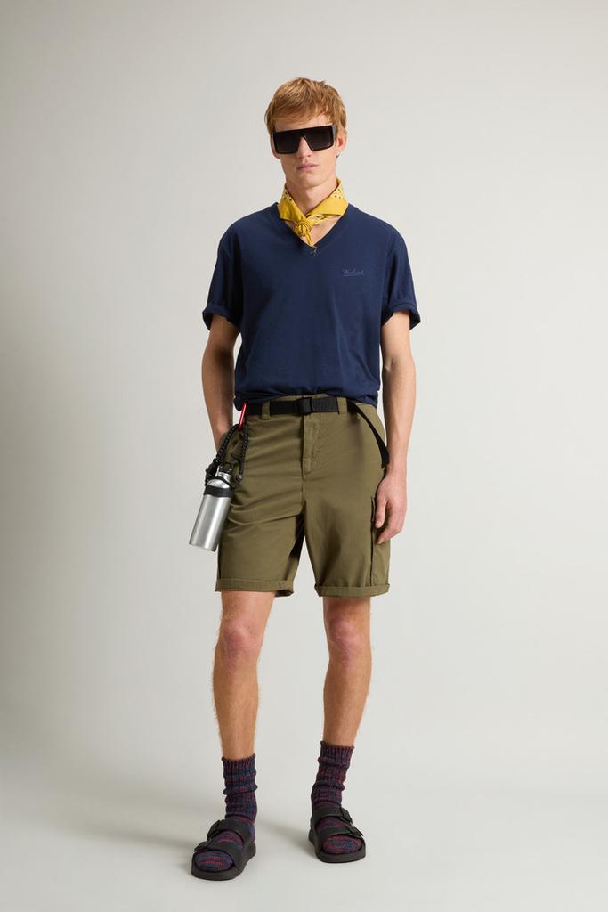 Woolrich Pure Cotton Slub T-Shirt with V-Neck - Men - Blue