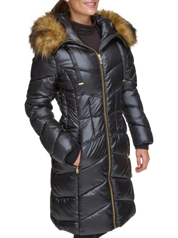 GUESS Chevron Faux Fur Trim Hooded Puffer Coat 5