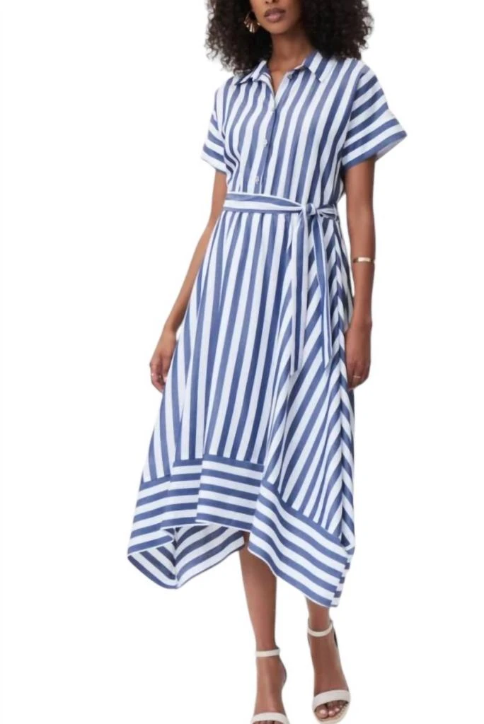 JOSEPH RIBKOFF Fit And Flare Striped Flowy Dress In Blue/shite 1