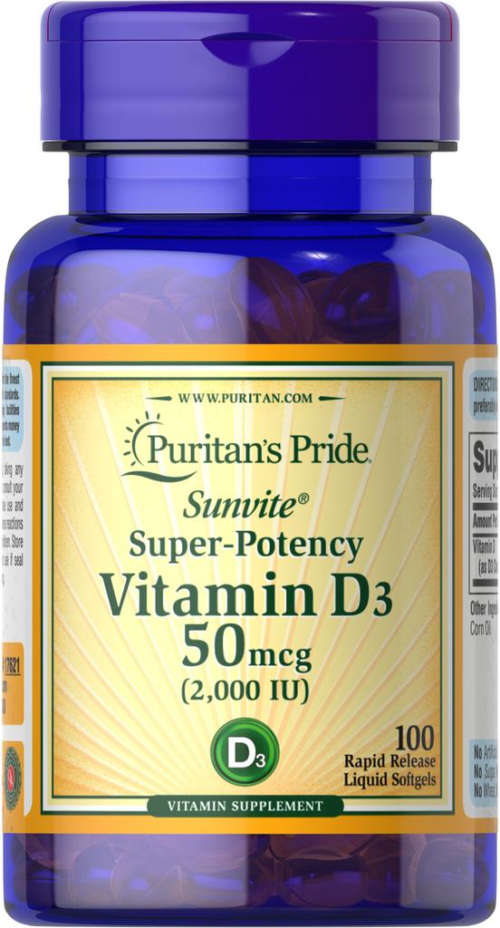 Puritan's Pride Vitamin D3 50 mcg (2000 IU) 100 Softgels