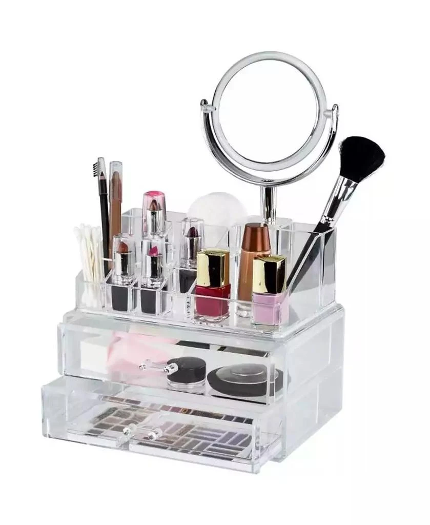 ELLE Clear Makeup Organizer with Vanity Mirror, 15 Easily Sort Compartments & 2 Drawers, Acrylic Compact Makeup Organizer for Cosmetics & Jewelry