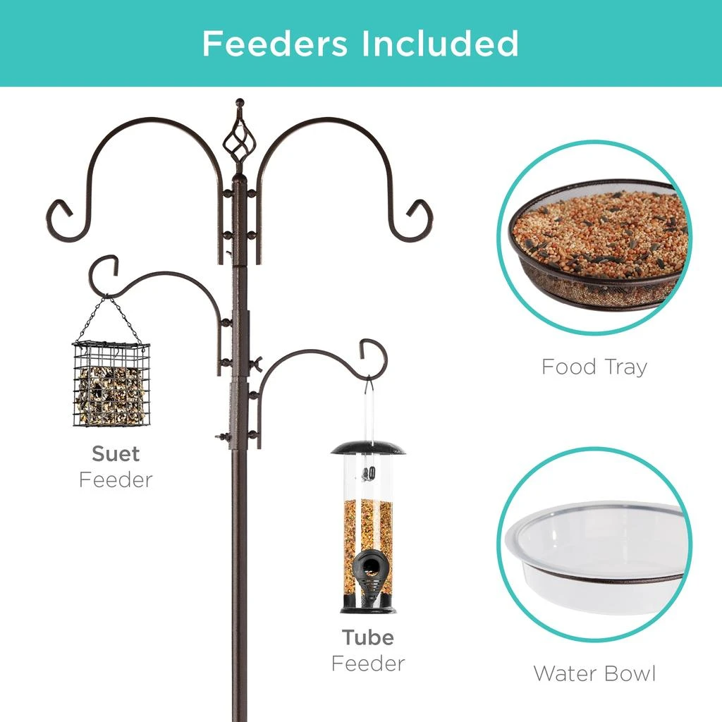 Best Choice Products 91in 4-Hook Bird Feeding Station, Steel Multi-Feeder Stand w/ 2 Feeders, Tray, Bird Bath 2
