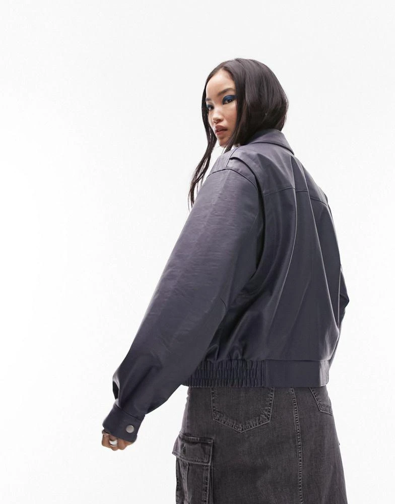 Topshop Topshop faux leather oversized pocket collar bomber jacket in blue 4