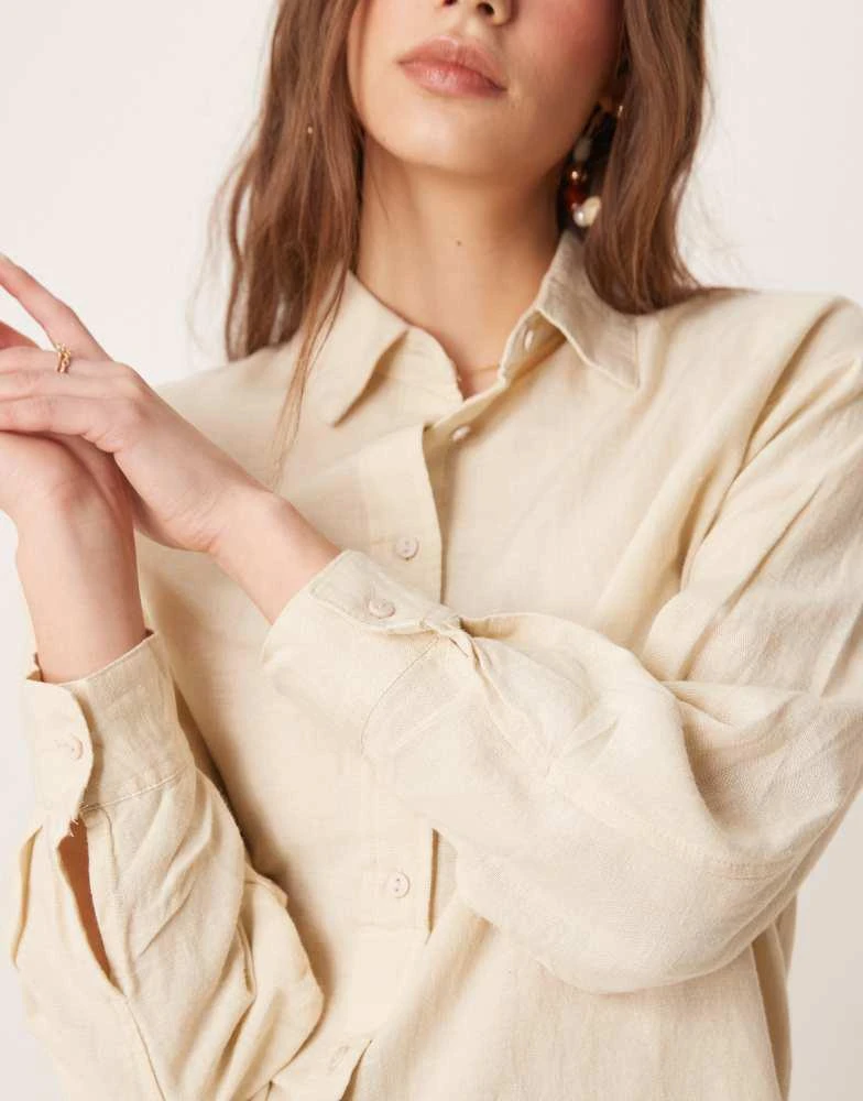 Stradivarius Stradivarius linen look long sleeve shirt in oatmeal 4