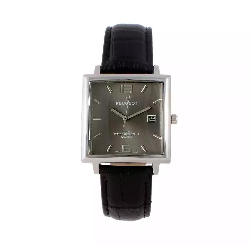 Peugeot Men
s 35mm Gray Dial Square Watch with Black leather Strap