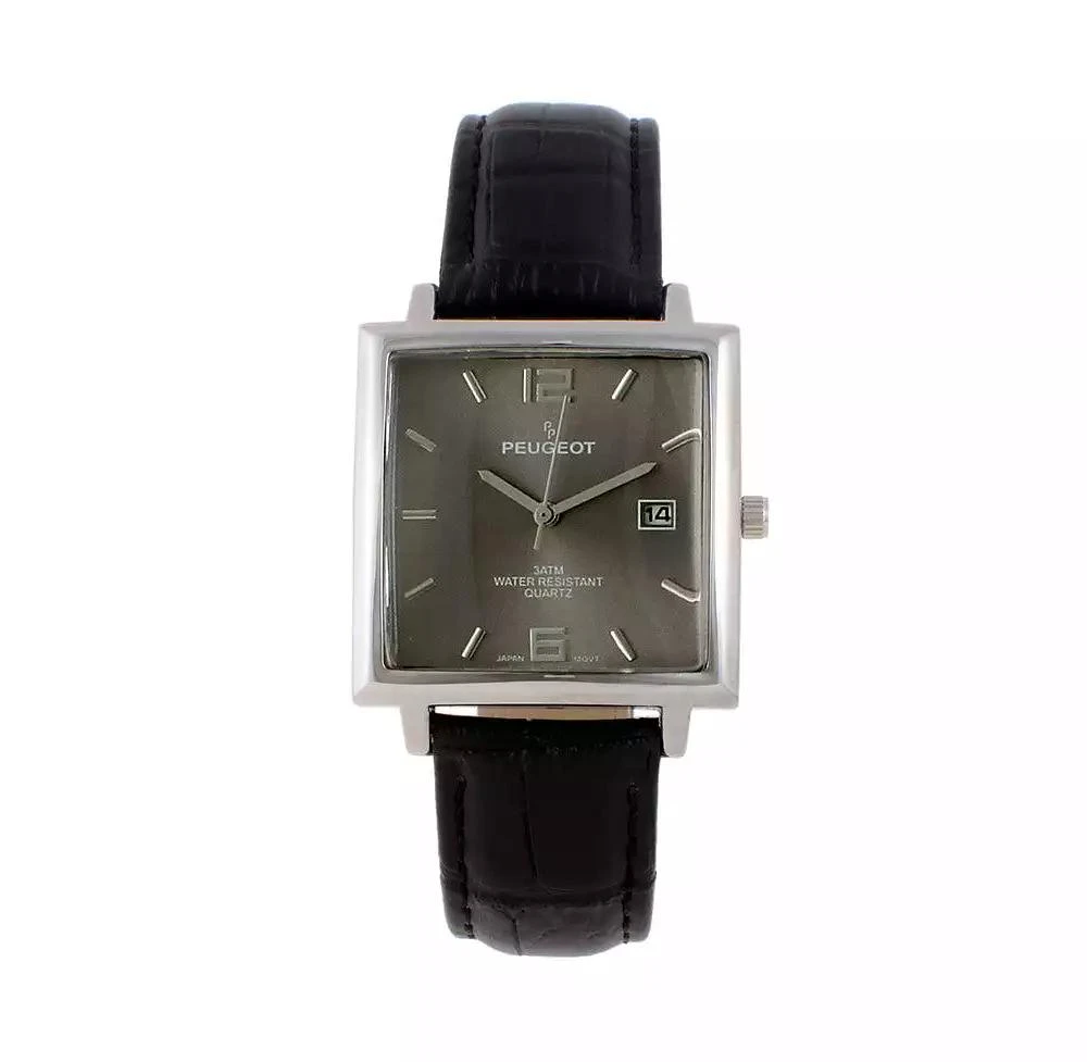 Peugeot Men's 35mm Gray Dial Square Watch with Black leather Strap 1