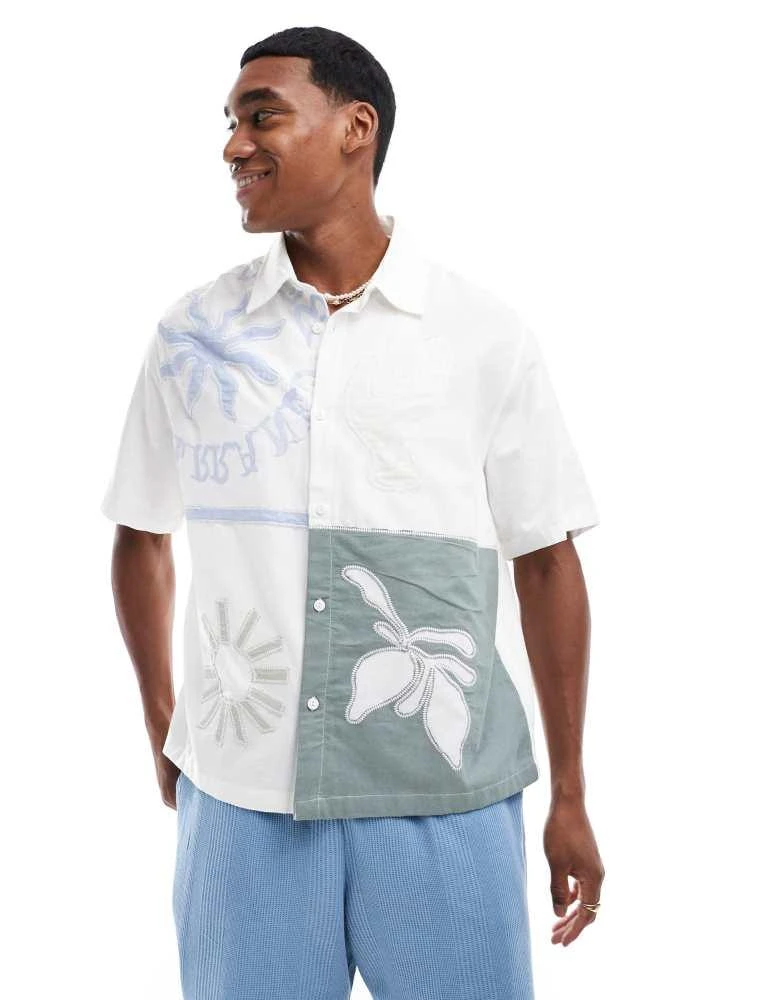 Bershka Bershka patch printed shirt in sage and white 1