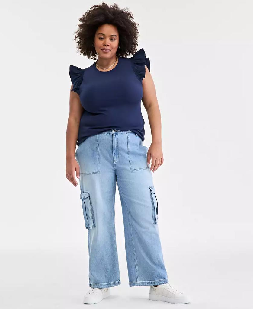 On 34th Plus Size Women's Light Wash High Rise Utility Cargo Jeans, Created for Macy's