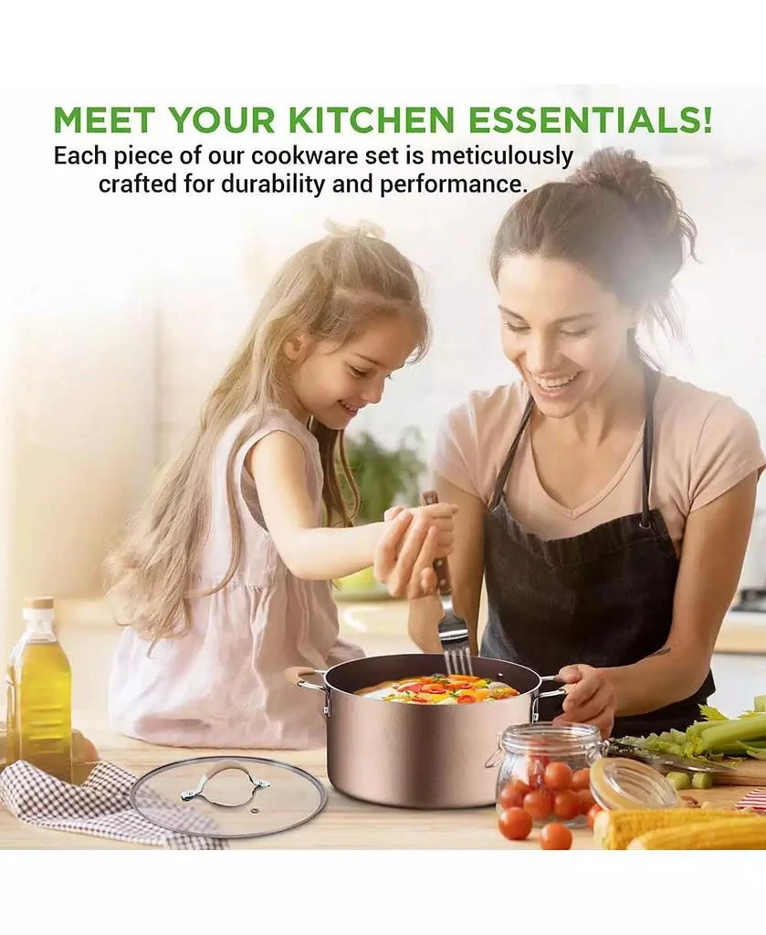 NutriChef Nonstick PFOA/PFOS-Free 14-Piece Stainless Steel Cookware Set with Saucepan, Frying Pans, Dutch Oven, Lids 
Utensils – Model NCCW14S 6