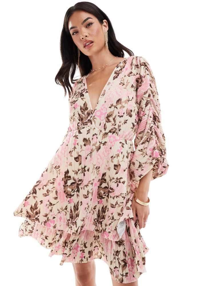 Y.A.S. YAS pleated ruched full sleeve mini dress with low v beck in pink floral - MULTI 1